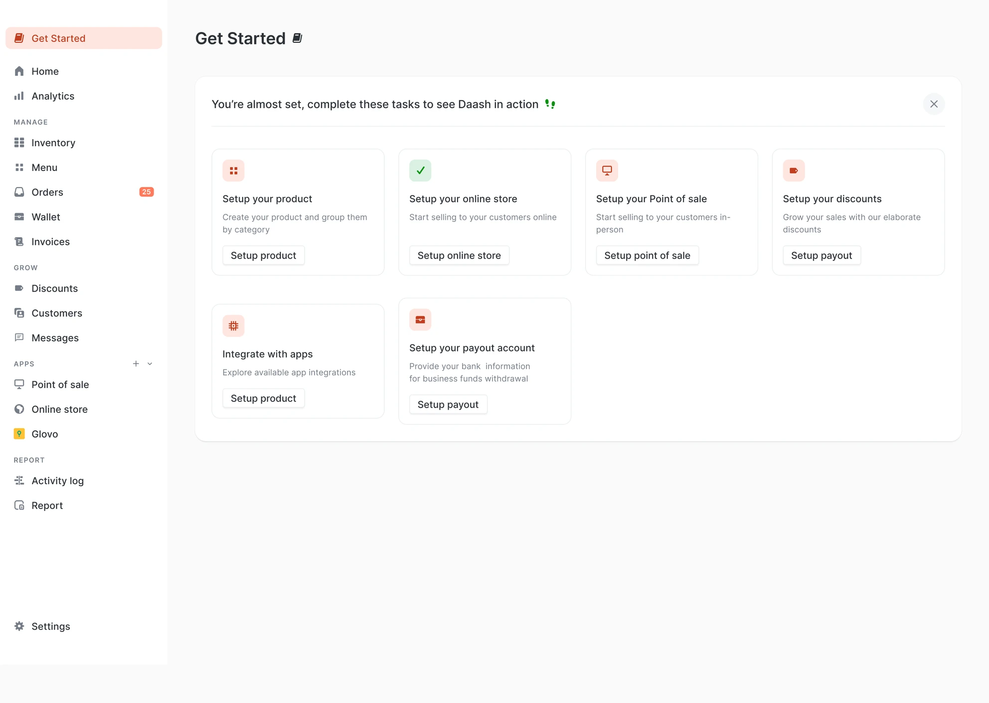 The Daash dashboard showing the Get Started onboarding checklist